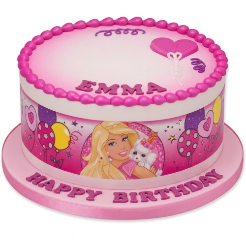 Round pink Barbie theme birthday cake for girls with custom name and Happy Birthday message.