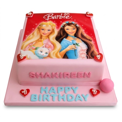 Two-tiered pink Barbie theme birthday cake with edible image of two Barbie dolls and hearts.