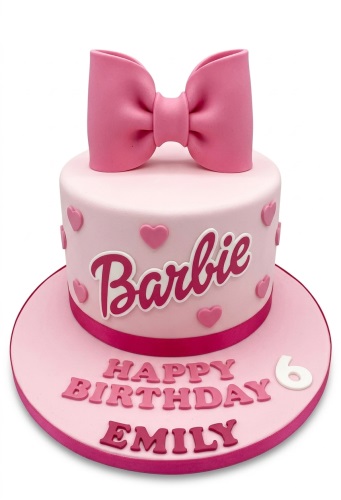 Pink Barbie birthday cake with a large bow, hearts, and customisable name and age.