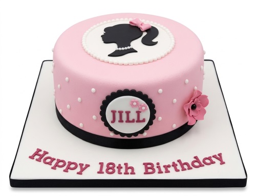 Pink round birthday cake with black Barbie silhouette, white polka dots, and personalised message.