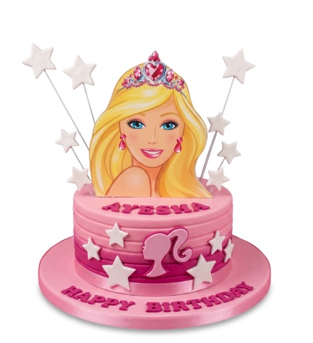 Pink Barbie birthday cake with Barbie head topper, crown, stars, and a Barbie silhouette logo.