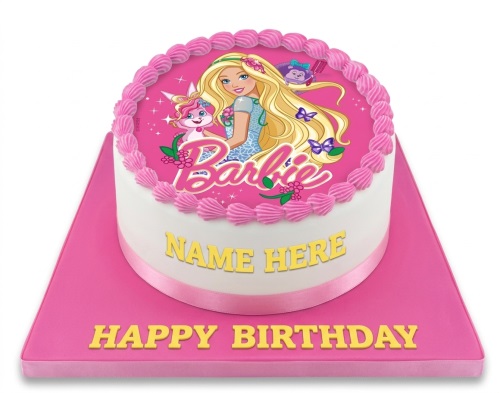 Round white and pink Barbie birthday cake with edible Barbie image and custom name area.