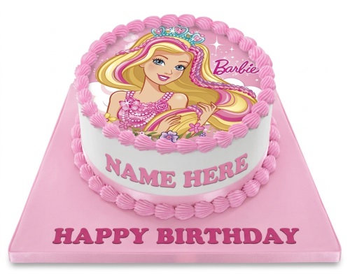 Round pink and white Barbie birthday cake with edible Barbie image and pink icing.