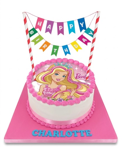 Round Barbie birthday cake with pink icing, "Happy Birthday" bunting, and a custom name space.