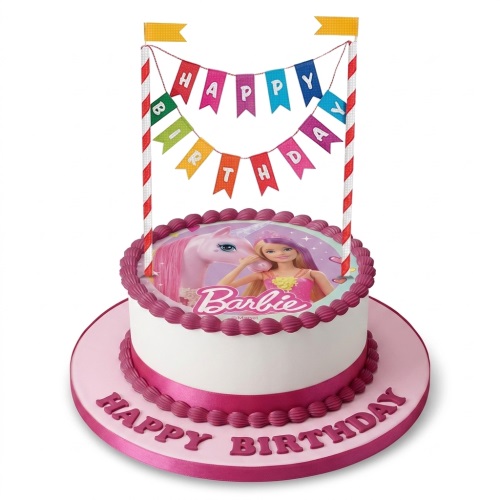 Round white Barbie birthday cake with pink unicorn, 'Happy Birthday' banner, and pink piping.