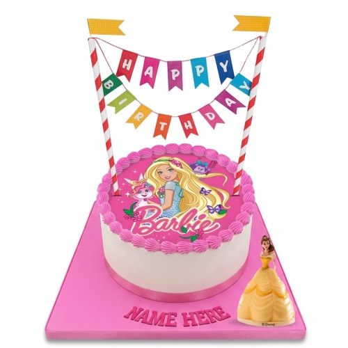 Round Barbie birthday cake with pink frosting, 'Happy Birthday' bunting, and space for a personalised name.