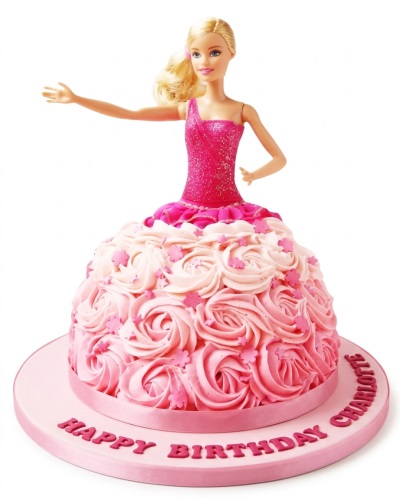 Barbie doll birthday cake with a pink rosette dress and 'Happy Birthday' message.