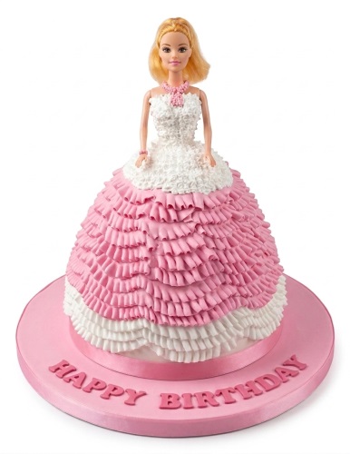 Barbie doll birthday cake with pink and white ruffled dress and "Happy Birthday" message.
