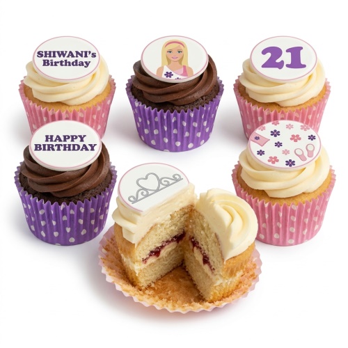 Assortment of Barbie themed birthday cupcakes with tiara, floral, and custom age toppers