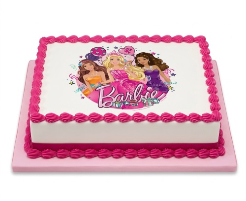 Square white Barbie birthday cake with pink piping and Barbie character edible image.