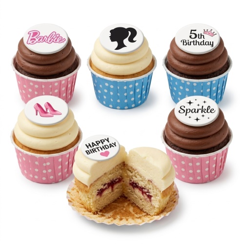 Barbie themed birthday cupcakes with various toppers, including logo, silhouette, high heels, and custom age.