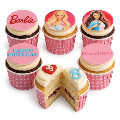 Set of Barbie theme birthday cupcakes with edible toppers, pink wrappers, and custom messages.