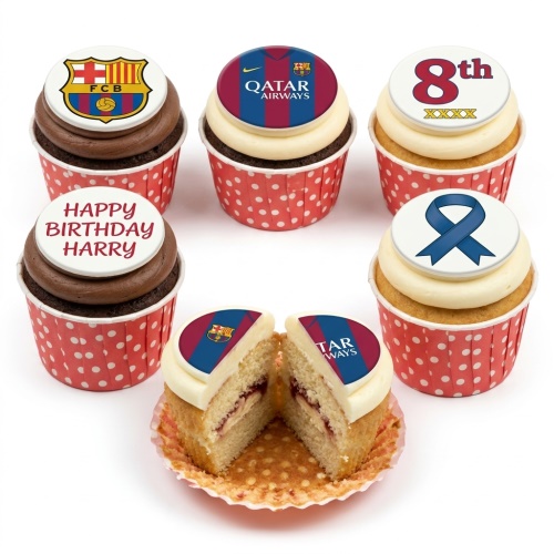 FC Barcelona themed cupcakes with football crest, kit, custom age, and personalised message toppers.