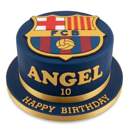 Round blue FC Barcelona football birthday cake with gold custom name and age.