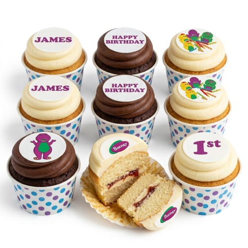Cupcakes with Barney the Dinosaur toppers, including Barney and friends, and example custom text.