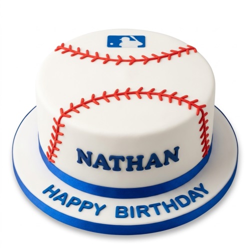 White round baseball theme birthday cake with red stitching, blue MLB logo, and a personalised name.