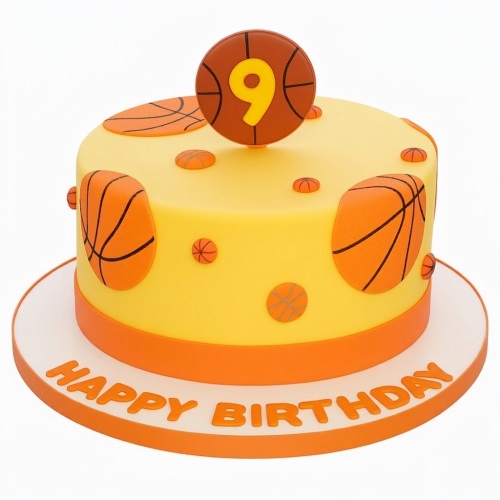 Round yellow birthday cake with orange basketball decorations and a custom age topper.