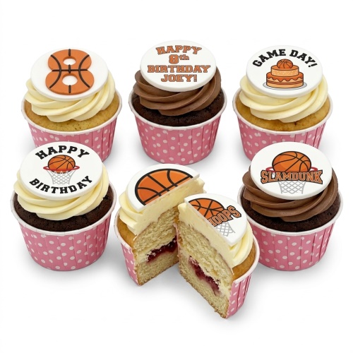 Six basketball-themed cupcakes with white and chocolate frosting, featuring various sports designs and custom age toppers.
