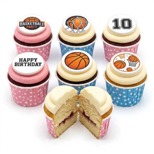 Basketball themed cupcakes with white frosting, orange basketball toppers, and polka dot wrappers.