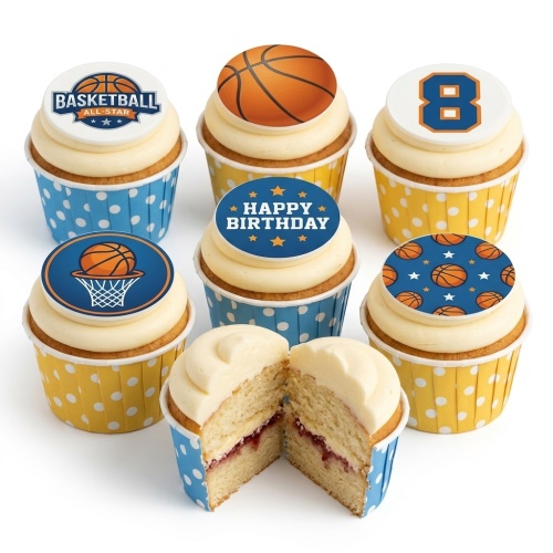 Basketball themed birthday cupcakes with various toppers including basketballs, a hoop, "Basketball All-Star" and "Happy Birthday" messages, and a custom age number.