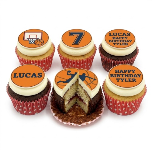 Basketball themed birthday cupcakes with orange and blue edible toppers, featuring a basketball hoop, player, and custom age number.