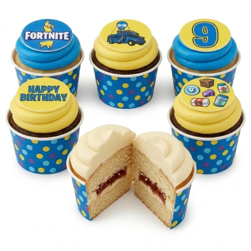 Fortnite themed cupcakes with blue and yellow frosting, featuring game character and item toppers, and a custom age number.