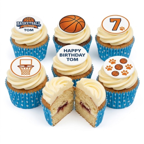 Basketball themed birthday cupcakes with orange and white edible toppers, featuring a basketball, hoop, and custom age number 7.