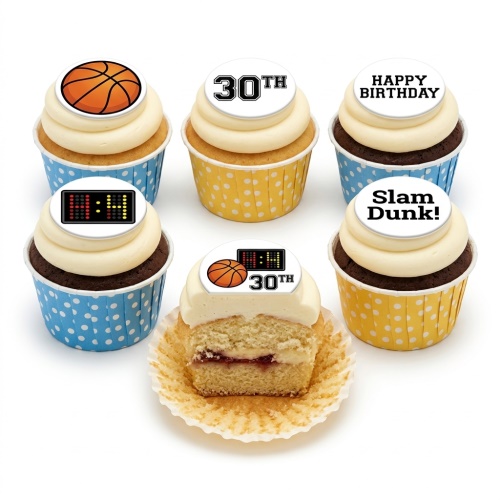 Six basketball themed birthday cupcakes with custom age and happy birthday toppers.