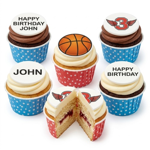 Assortment of basketball and winged number birthday cupcakes with custom name and message toppers.