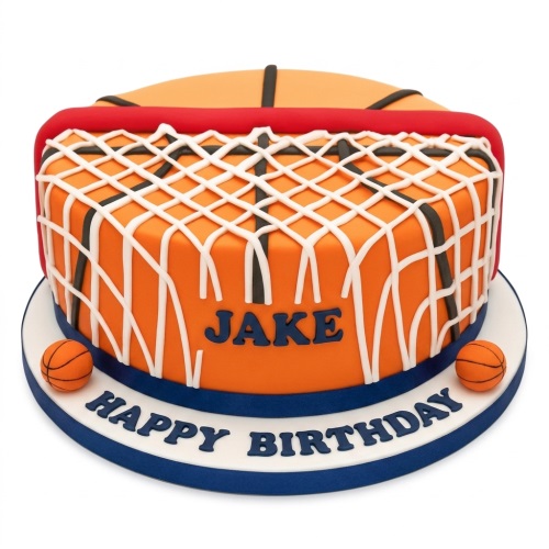 Orange basketball theme birthday cake with net design, hoop, and mini basketballs.