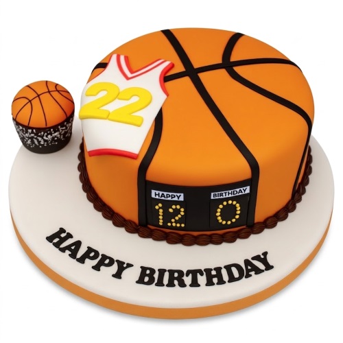 Round orange basketball-themed birthday cake with a white jersey, yellow numbers, a scoreboard, and a matching cupcake.