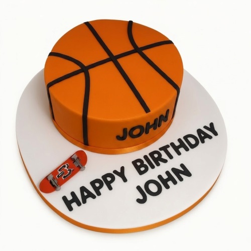Round orange basketball birthday cake with black lines and a red skateboard decoration.