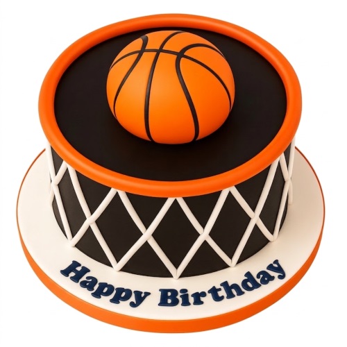 Round black and orange basketball themed birthday cake with a 3D basketball topper.