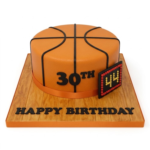 Round orange basketball birthday cake with custom age and scoreboard on a wooden board.