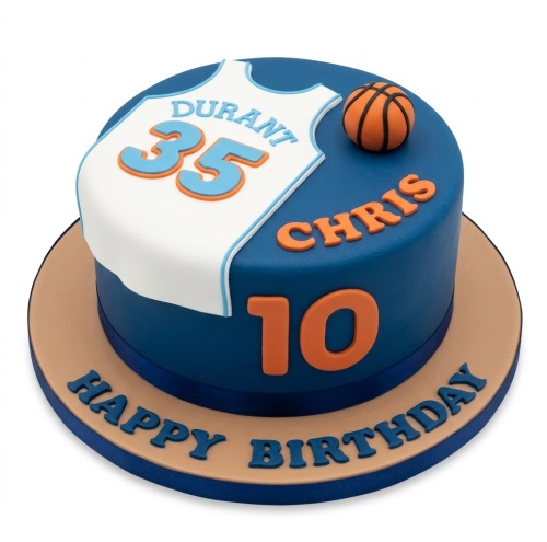 Round blue basketball theme birthday cake with white jersey, custom name, and age
