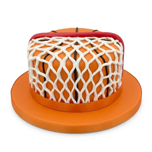 Round orange basketball birthday cake with white net and red hoop rim.
