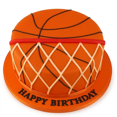 Round orange cake designed as a basketball with black lines, a red hoop rim, and a white net pattern around the side, on a matching orange board.