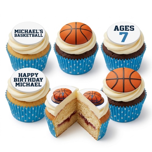 Cupcakes with basketball toppers, some showing custom age and personalised name examples, in blue polka dot cases.