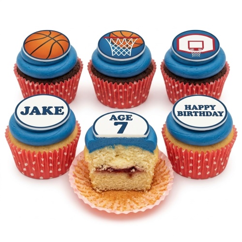 Set of basketball themed cupcakes with blue frosting, featuring basketball, hoop, and backboard toppers. Includes custom name and age examples.