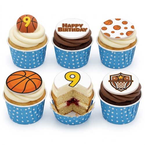 Six basketball themed birthday cupcakes with vanilla and chocolate frosting, blue polka dot cases, and custom age and 'Happy Birthday' toppers.