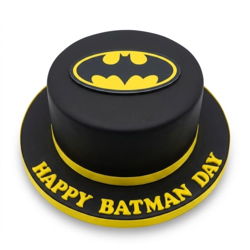Round black Batman themed birthday cake with yellow Batman logo and 'Happy Batman Day' text.