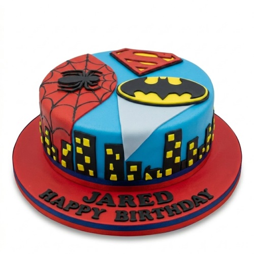 Round superhero themed birthday cake with Spider-Man, Superman, and Batman logos, and a black city skyline.
