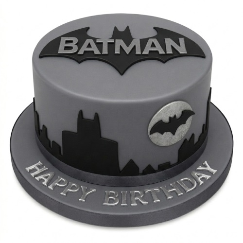 Grey Batman birthday cake with black Bat-Signal logo, cityscape, and 'Happy Birthday' message.