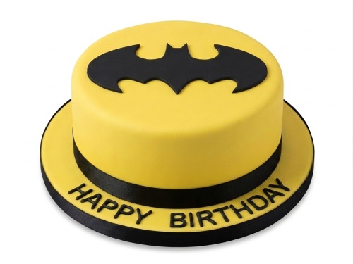 Round yellow Batman birthday cake with black bat signal and "Happy Birthday" message.