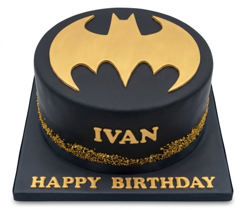 Black and gold Batman birthday cake with custom name and message.