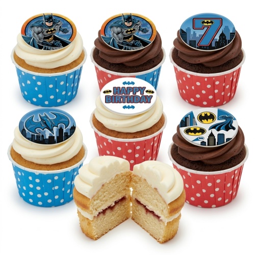 Batman themed birthday cupcakes with Bat-Signal and cityscape toppers.