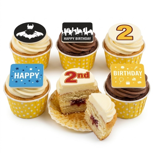Batman themed birthday cupcakes with custom age topper and 'Happy Birthday' decorations