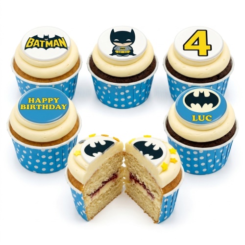 Batman themed cupcakes with character, logo, custom age, and name toppers.