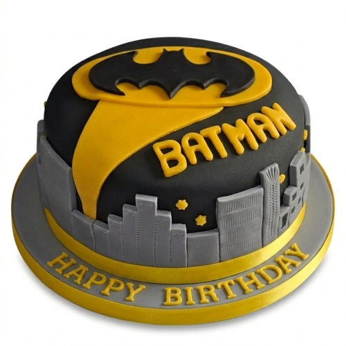 Round black and yellow Batman birthday cake with city skyline and happy birthday message.