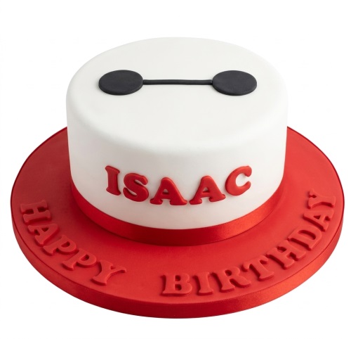 White round cake with Baymax face design, red ribbon, and red personalised name and message.